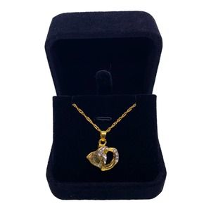 Imitation Yellow Gold WHITE Rhinestone Double Heart Necklace Gift Box